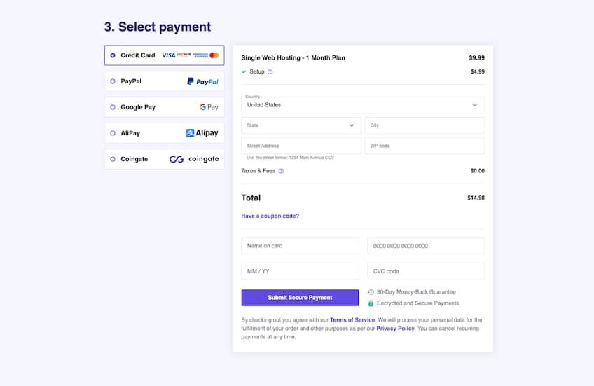 Hostinger payment screen with form for entering payment information.