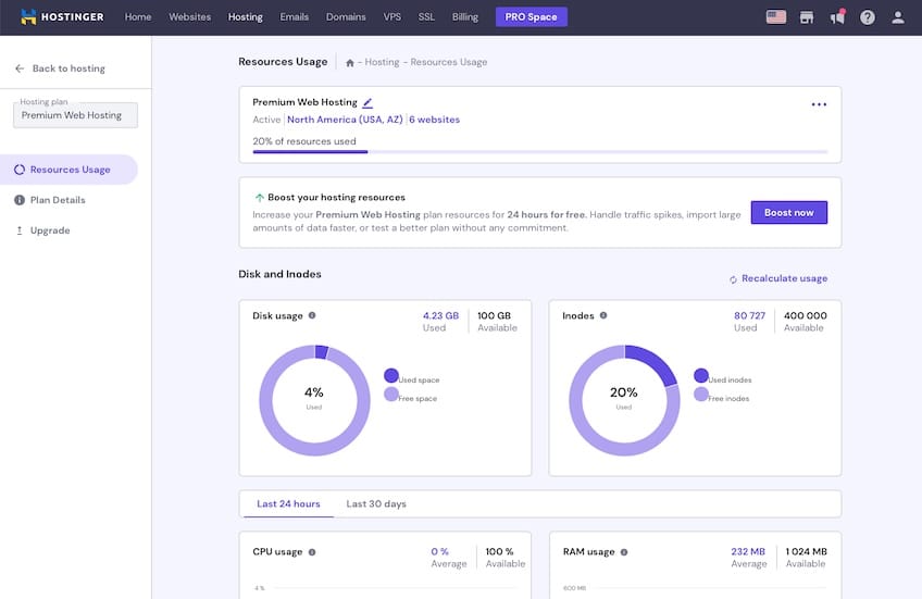 Hostinger resources usage screen showing server resource allocation and utilization.
