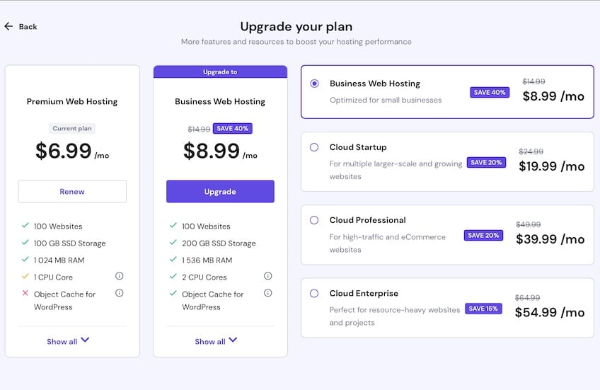 Upgrade plan page presenting various hosting plan options for upgrading and scaling up website resources.