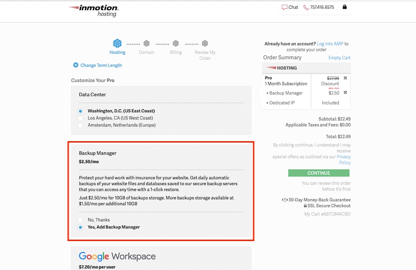 Plan selection page for InMotion Hosting.