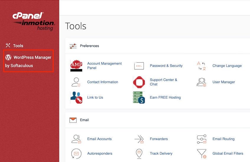 cPanel tools page for preferences and emails.