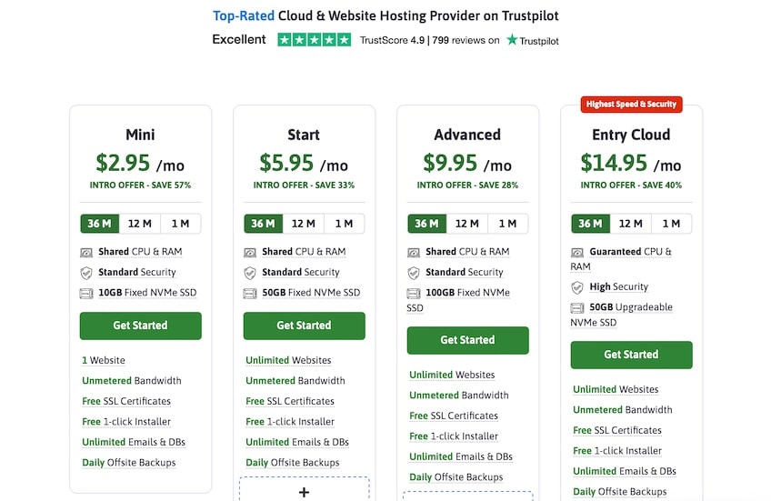 Four pricing plans shown for ScalaHosting.