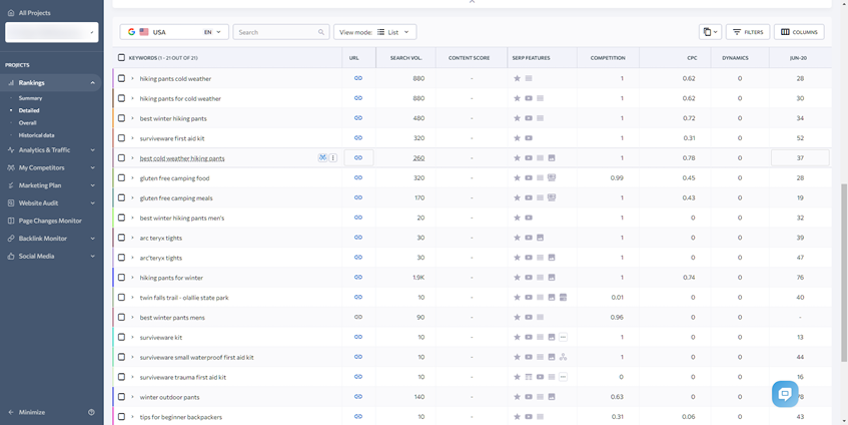 Rank tracker interface showing website rankings for various keywords