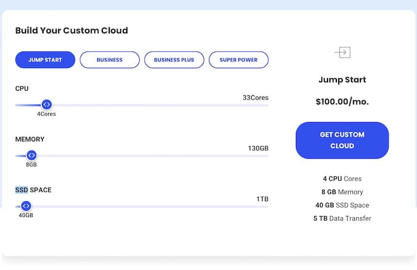 SiteGround custom cloud hosting configuration interface.