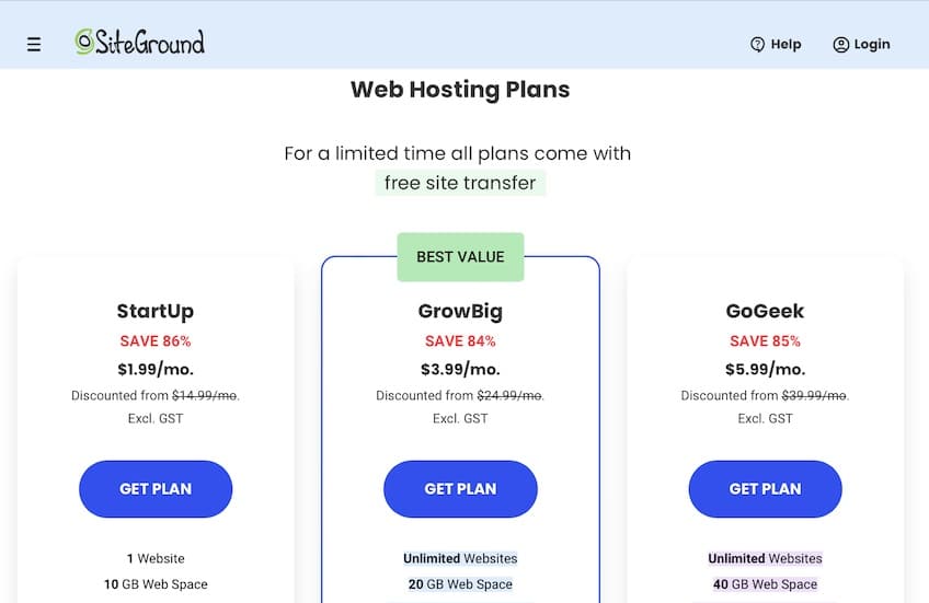 Three hosting plans from SiteGround.