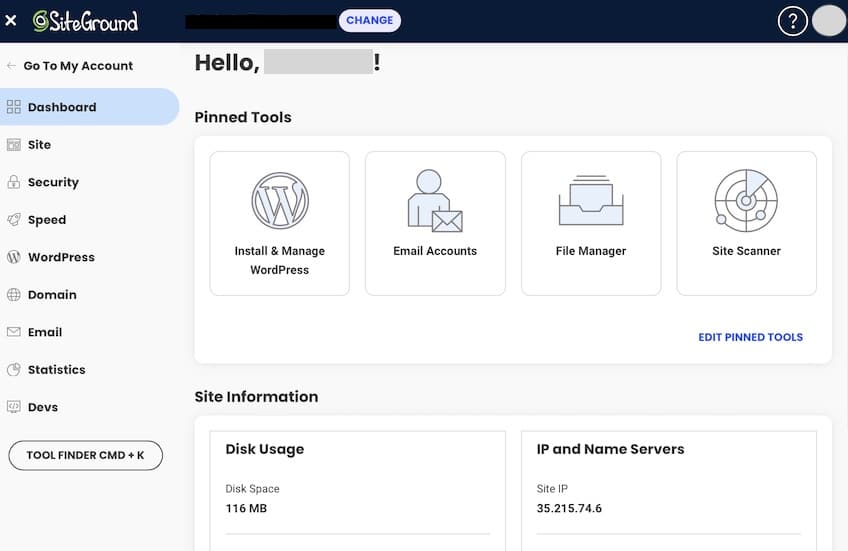 Dashboard providing an overview of the SiteGround hosting options. 