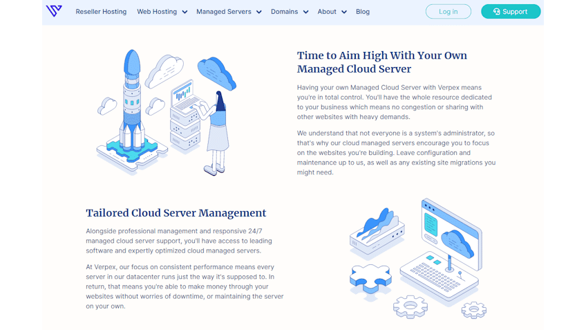 A screenshot of the Verpex homepage for managed cloud servers, explaining some of the benefits of their service such as data center optimization and managed configuration.
