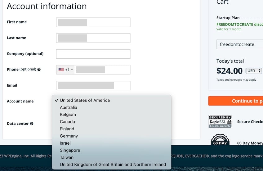 WP Engine account info screen with a fillable form.