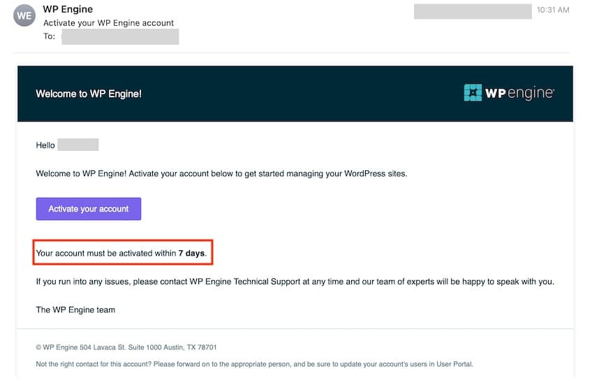 Activate account email containing instructions for activating a WP Engine hosting account.