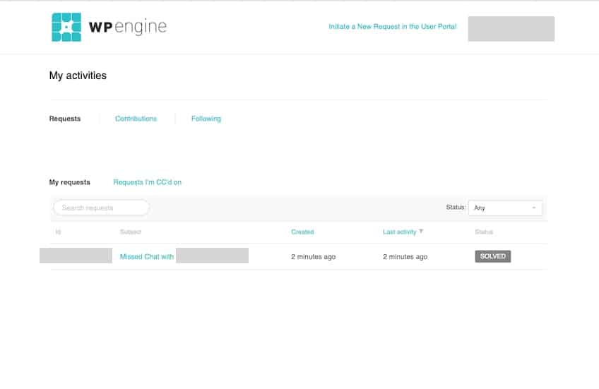 My activities page displaying a log of recent activities and actions performed within the WP Engine hosting account.