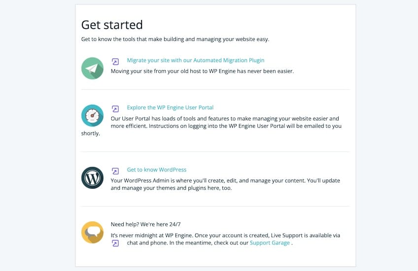 Get started page with steps and resources for starting with WP Engine hosting.