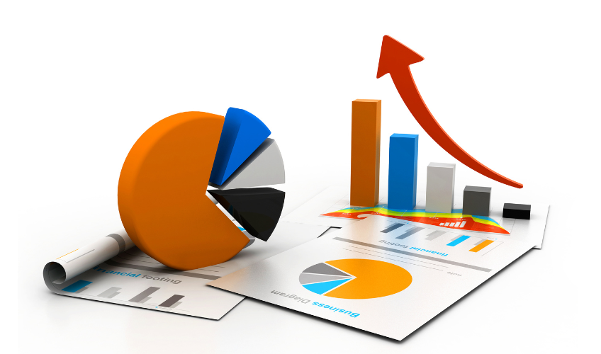 A pie and bar chart with a red arrow depicting an upward change in data.