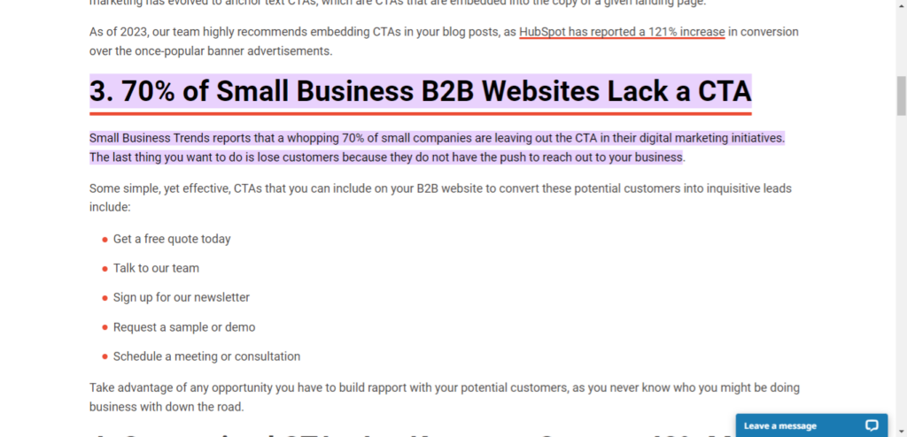 Screenshot of stats for SMEs B2B websites that lack a sufficient CTA> 