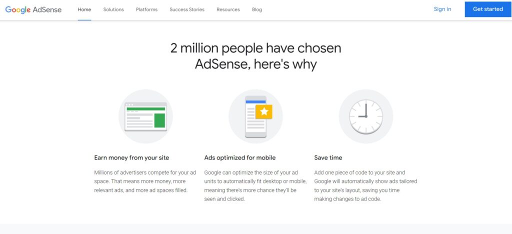 A screenshot of the Google AdSense homepage. 