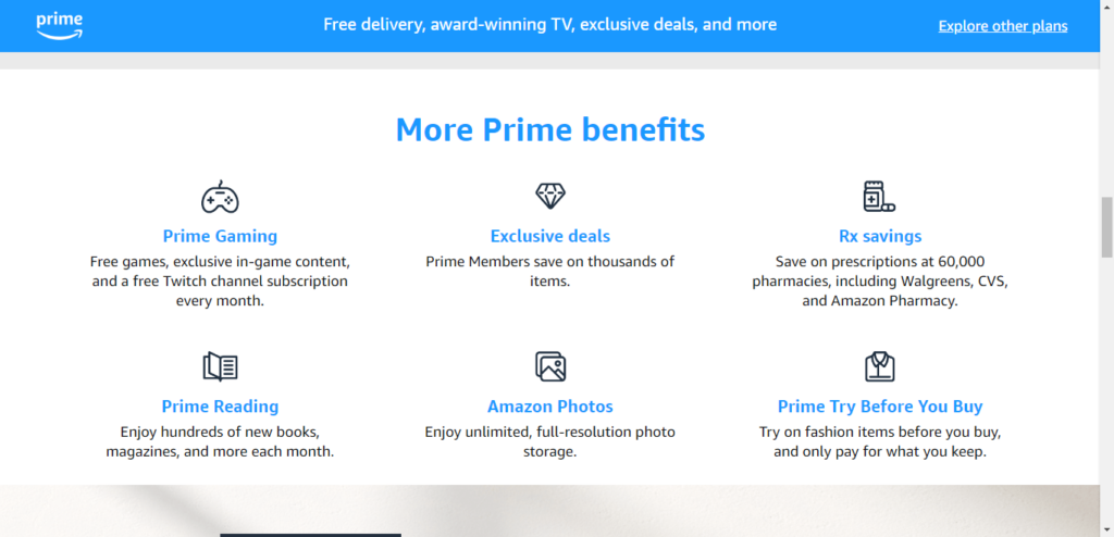 Amazon Prime benefits and features page.