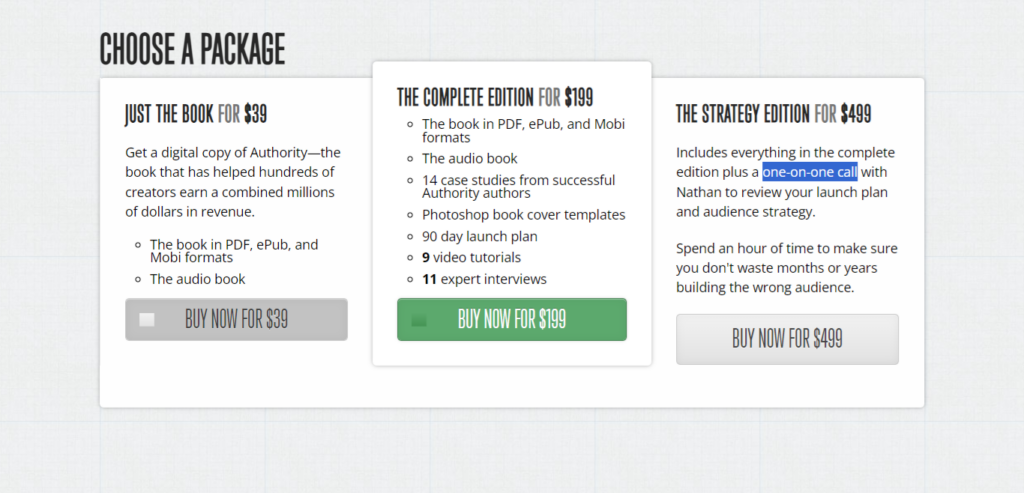 Screenshot of Nathan Barry product pricing section of the homepage, highlighting an upsell including one-on-one guidance. 