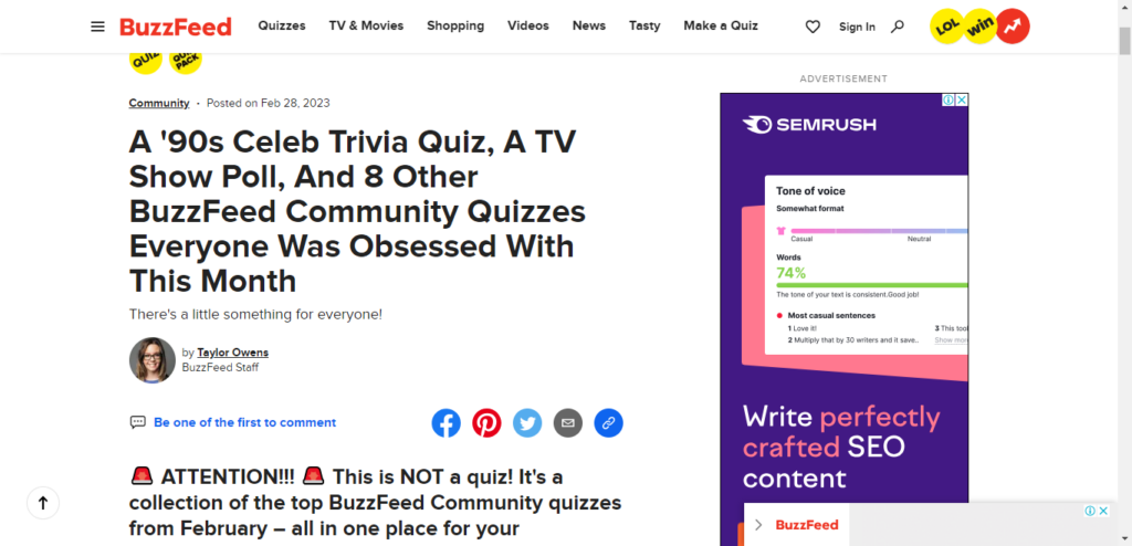 Buzzfeed popular quizzes March 2023