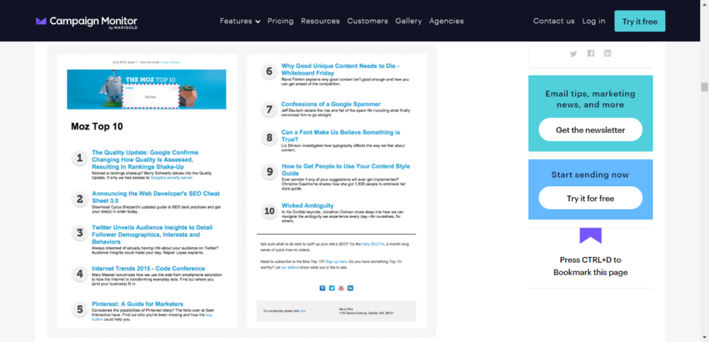 Screenshot of Campaign Monitor curated blog that includes a refence to Moz newsletter. 