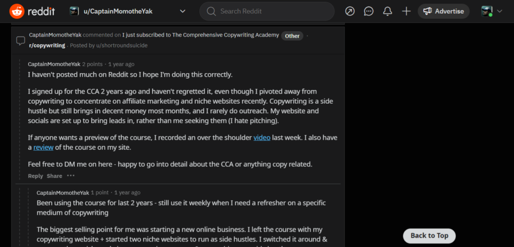 Screenshot of Reddit comment function with links example.