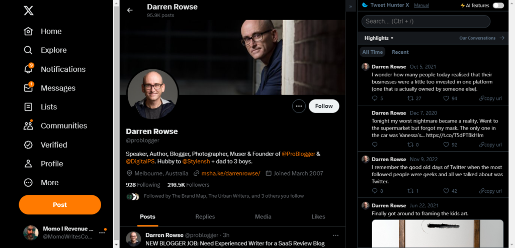 Darrn Rouse X (Twitter) page highlighting his large audience.