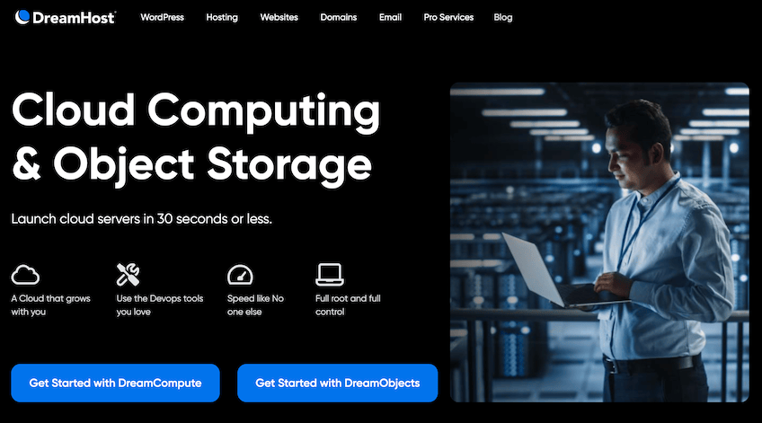 DreamHost landing page for cloud web hosting