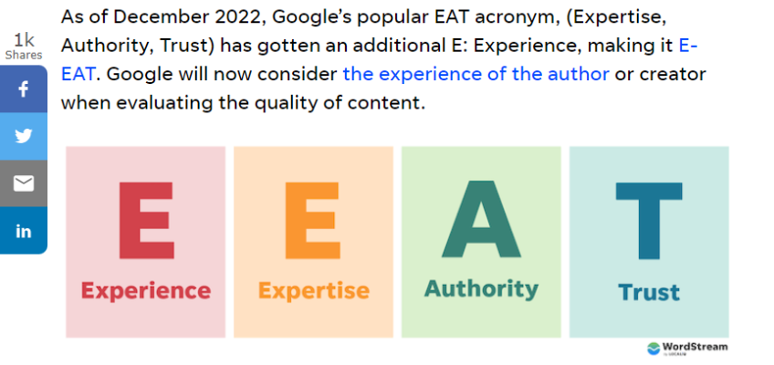 Image and text screenshot of Wordstream SEO article, depicting the relevant of EEAT to SEO.