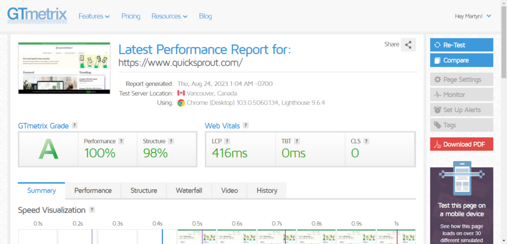 Screenshot of GT Metrix report highlighting improved page load after retesting in GT Metrix.