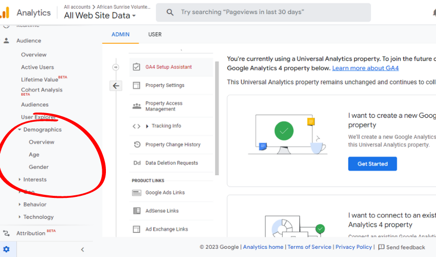 Screenshot of Google Analytics Demographics tab, highlighting the Demographics drop-down menu.