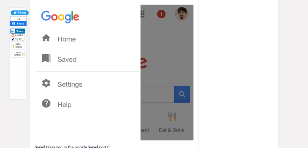 Screenshot of Google Hamburger menu. 