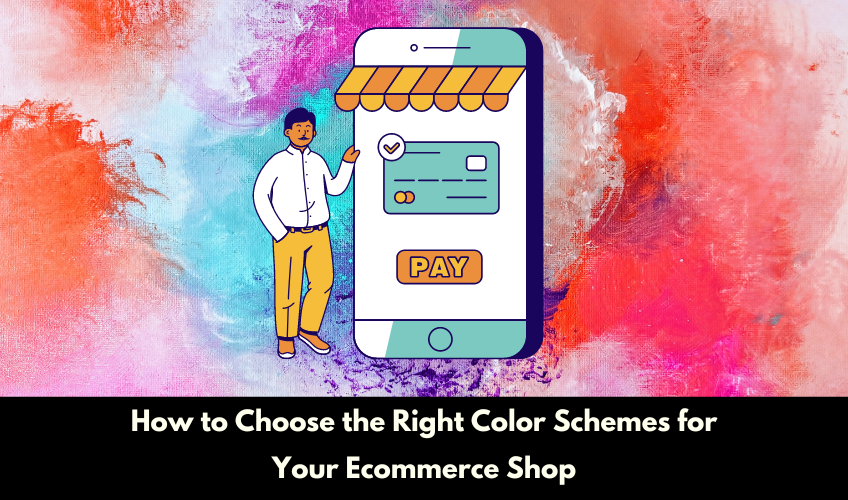 Graphic image with colorful background for an article about color schemes and ecommerce shops.