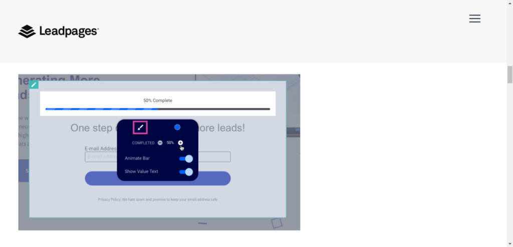 Leadpages conversion progress bar example. 