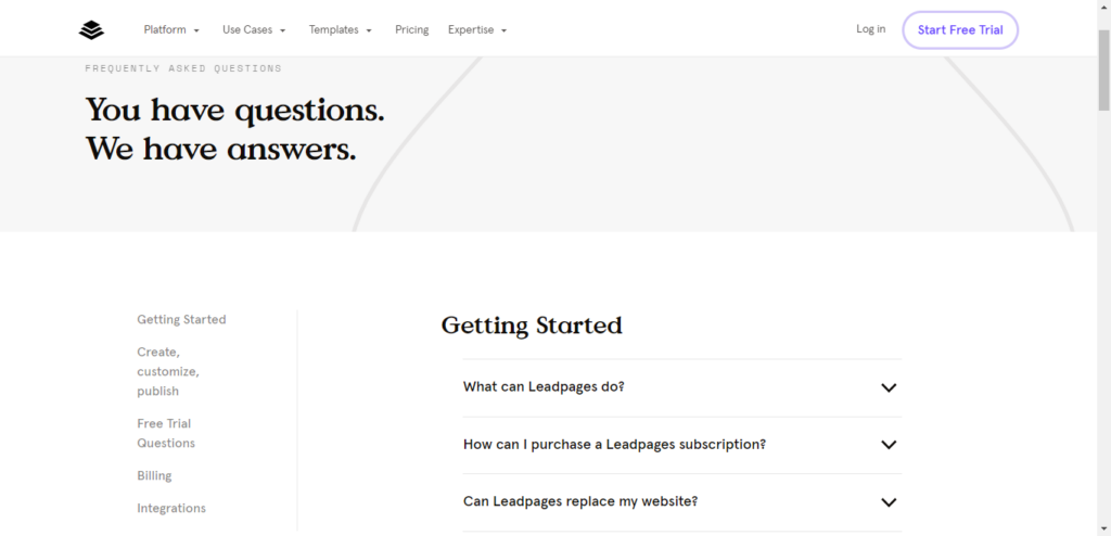 Screenshot of Leadpages FAQs