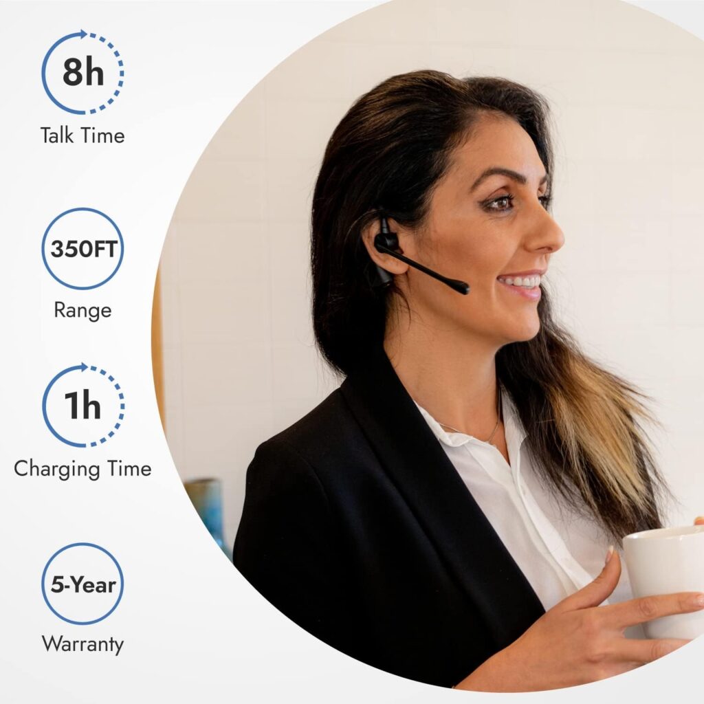 Person with headset on and holding a mug with features of the headset listed next to image of person. 