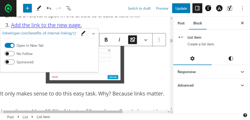 Screenshot with an example of inserting a link in WordPress