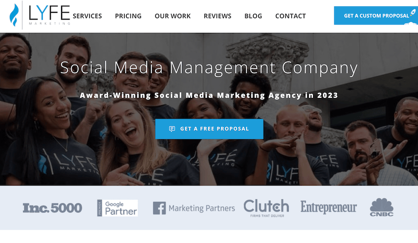 Lyfe Marketing homepage highlighting social media management