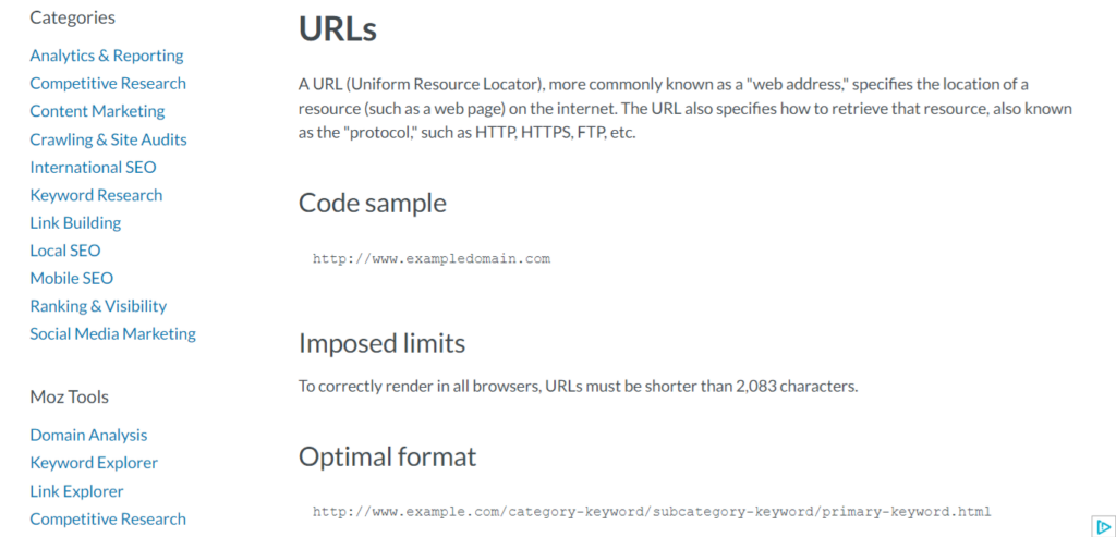 Screenshot of Moz examples of URL structure. 