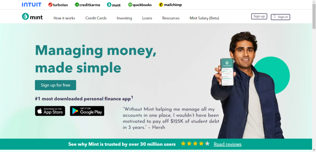 Screenshot of Mint homepage highlighting its clean design. 