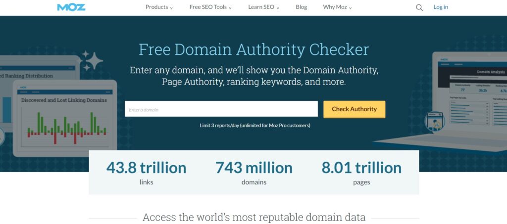  screenshot of Moz's free domain authority checker tool landing page. 