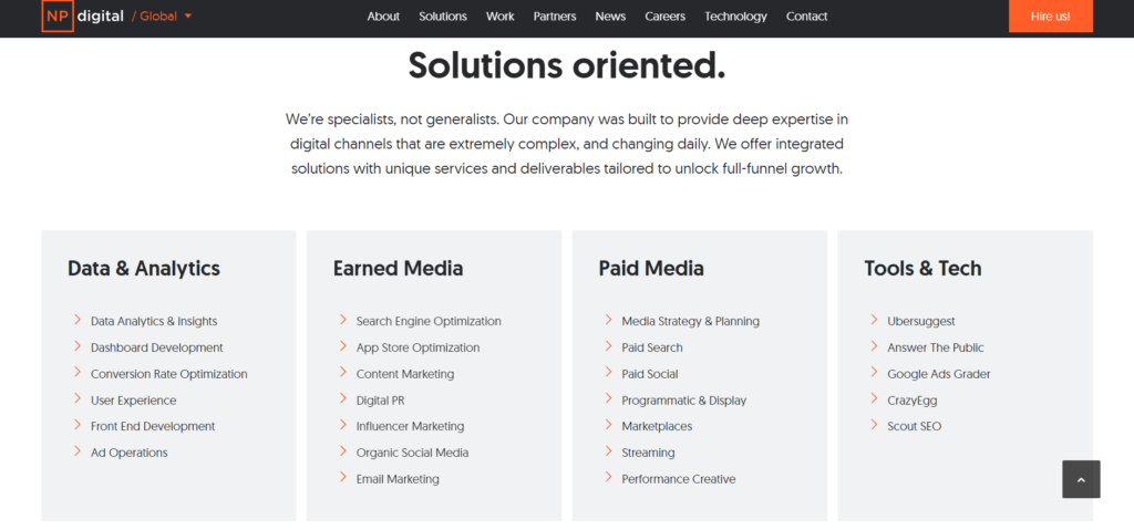 A screenshot of the solutions oriented services NP digital offers clients. 