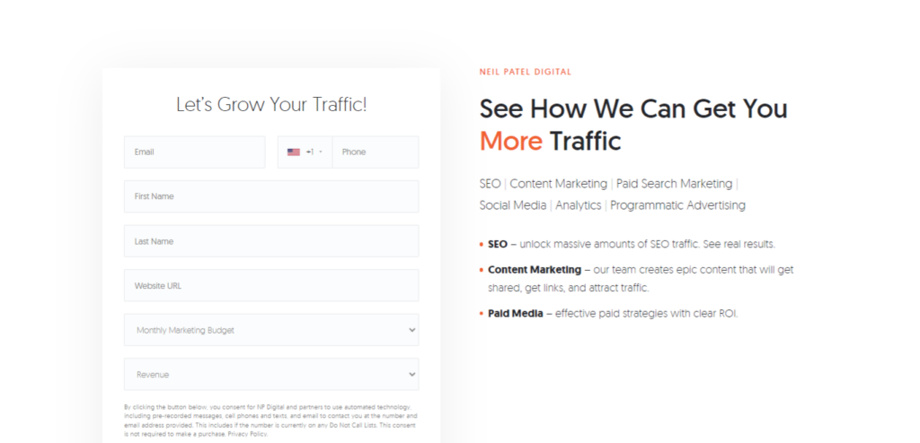 Neil Patel SEO client landing page.