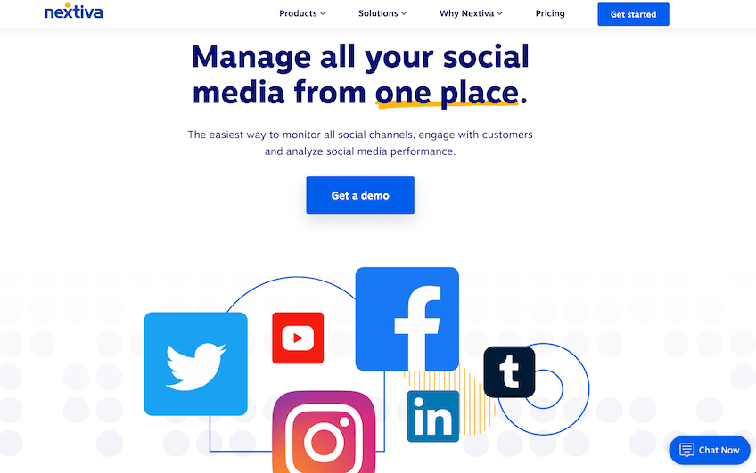 Nextiva's social media management landing page with icons for Twitter, YouTube, Facebook, Instagram, LinkedIn, and Tumblr