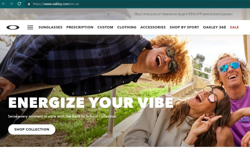 A screenshot of the Oakley landing page. 