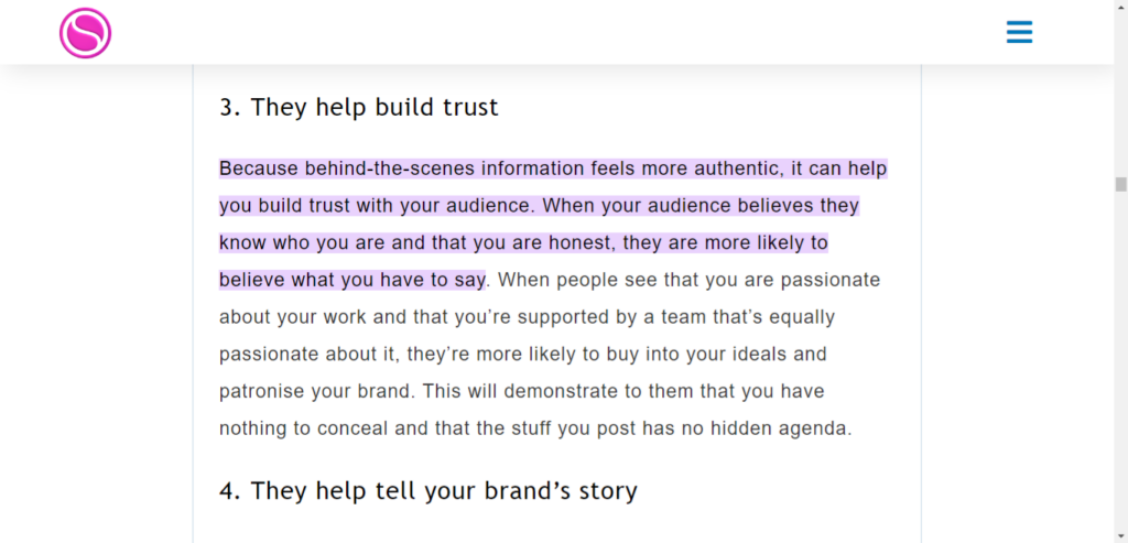 Screenshot of Orlando Sydney article highlighting the benefits of behind-the-scene content for user trust. 