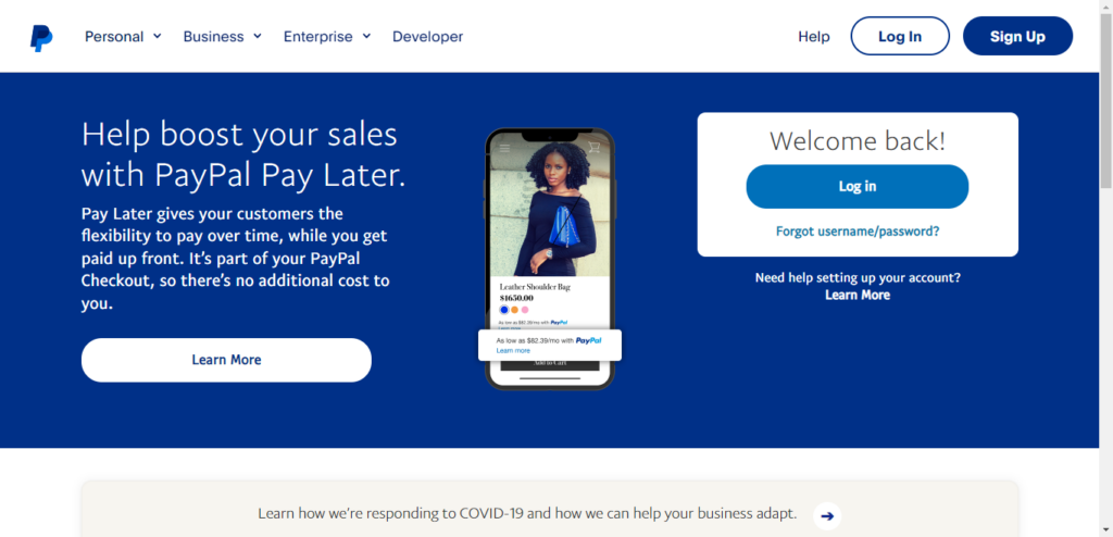 Screenshot of PayPal's homescreen in relation to their color branding. 