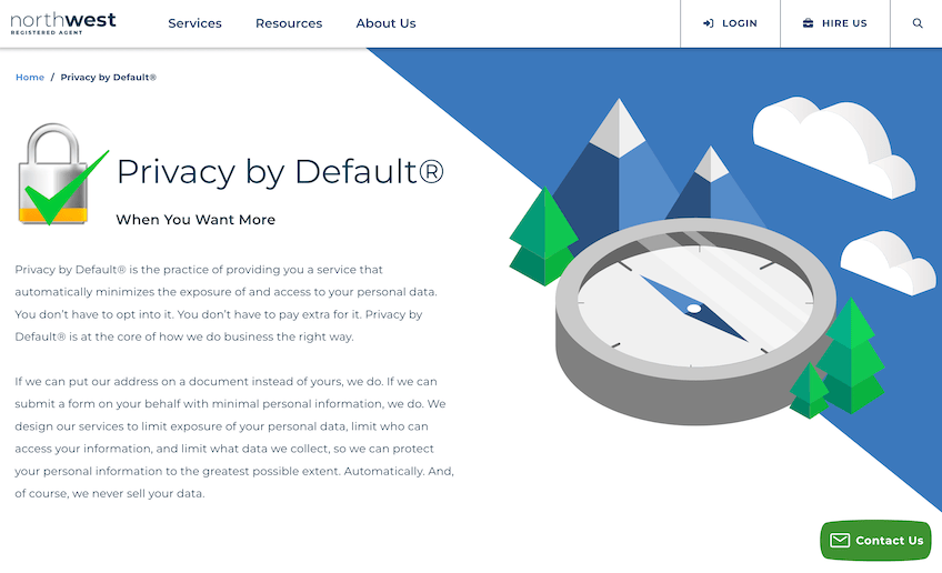 Northwest Registered Agent's Privacy by Default landing page