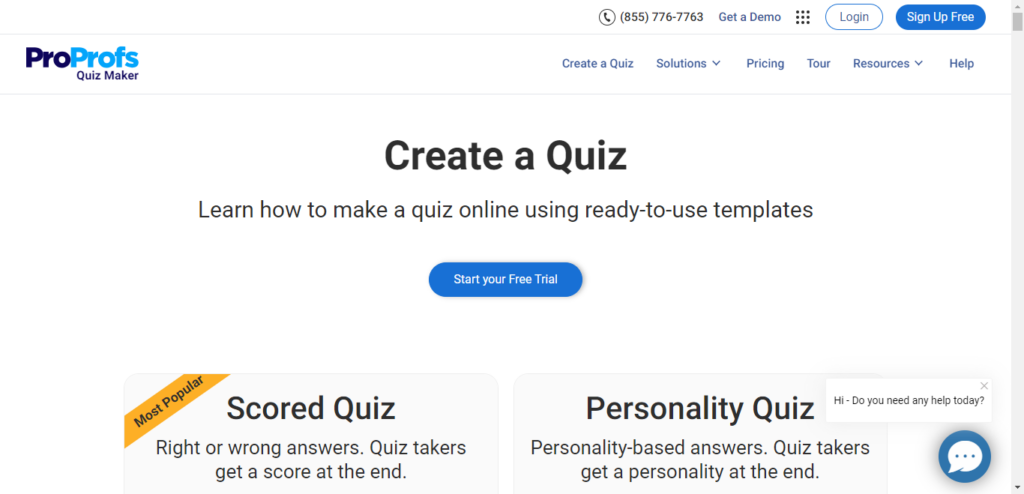 ProProfs quiz creator homepage. 