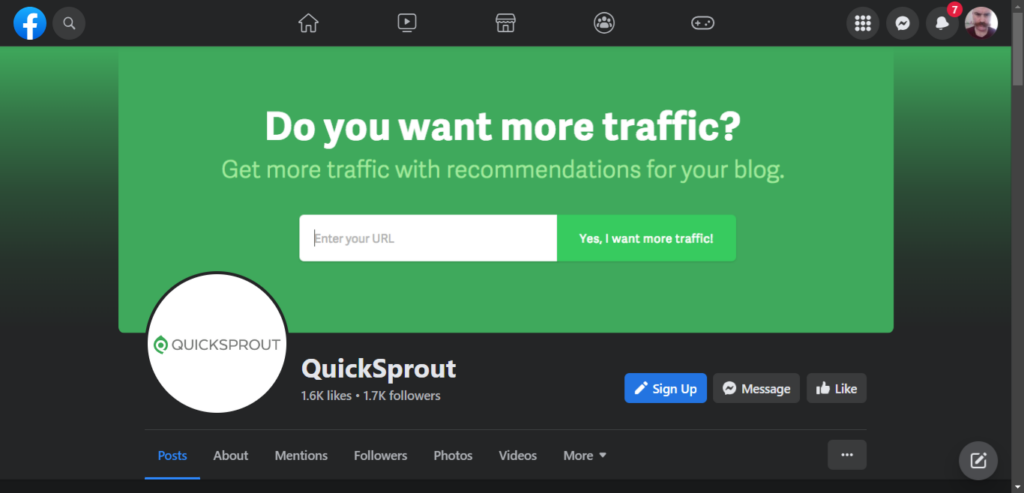 Screenshot of old Quick Sprout Facebook page noting consistent logo and branding