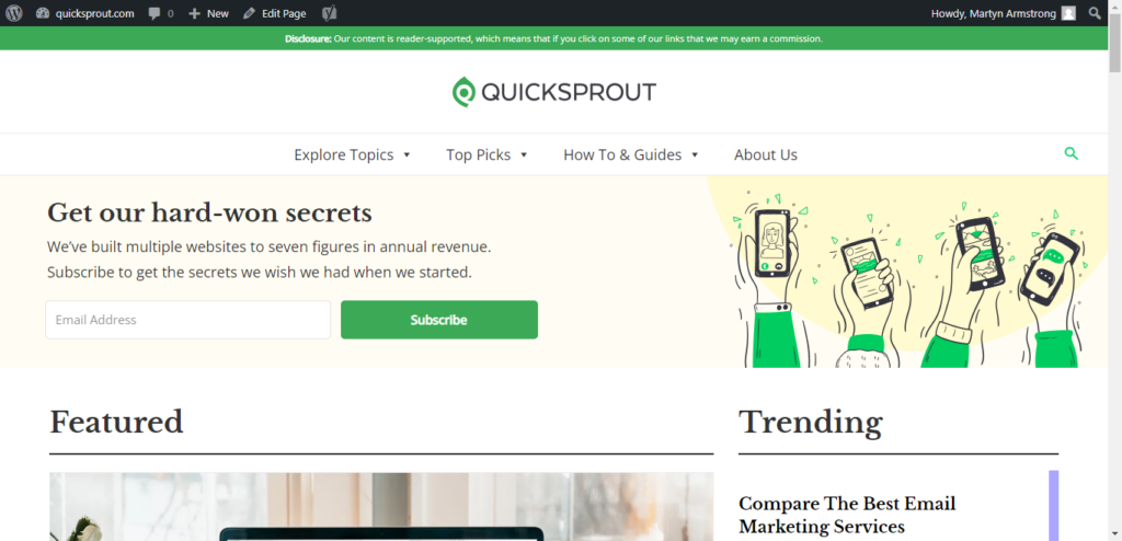 Screenshot of older Quick Sprout website highlighting branding. 
