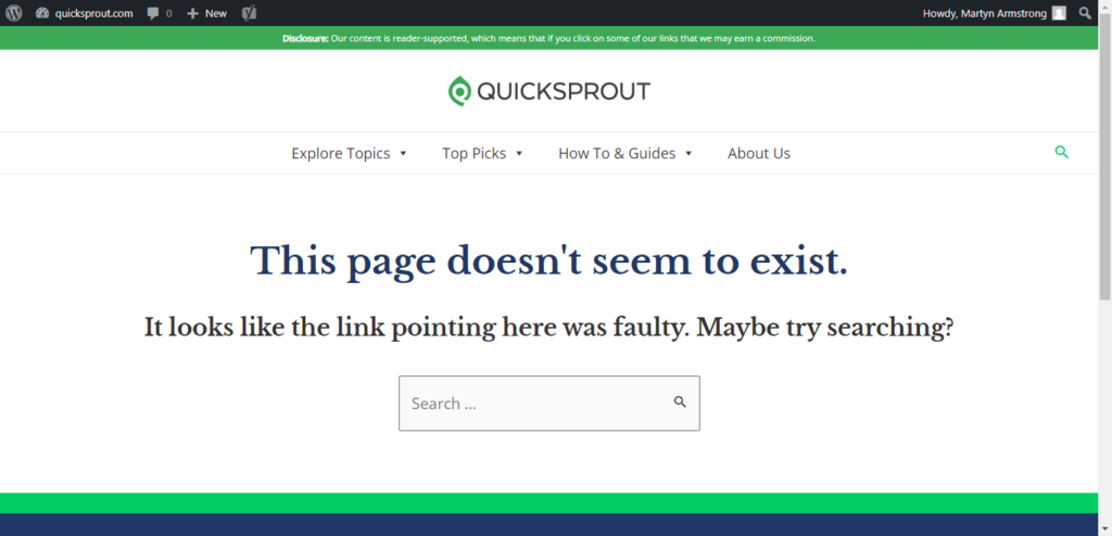 Quick Sprout 404 error page has a search bar fuction. 