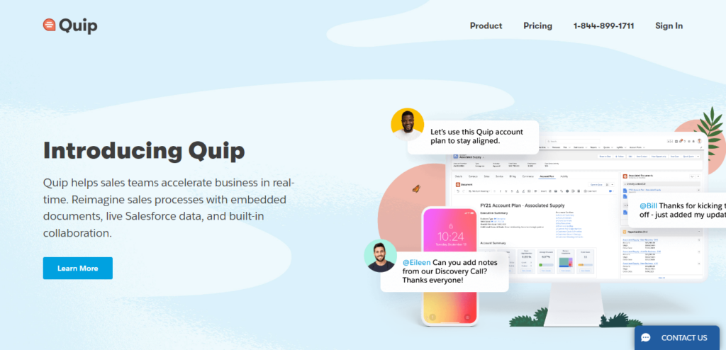 Quip homepage displays their contact telephone details. 
